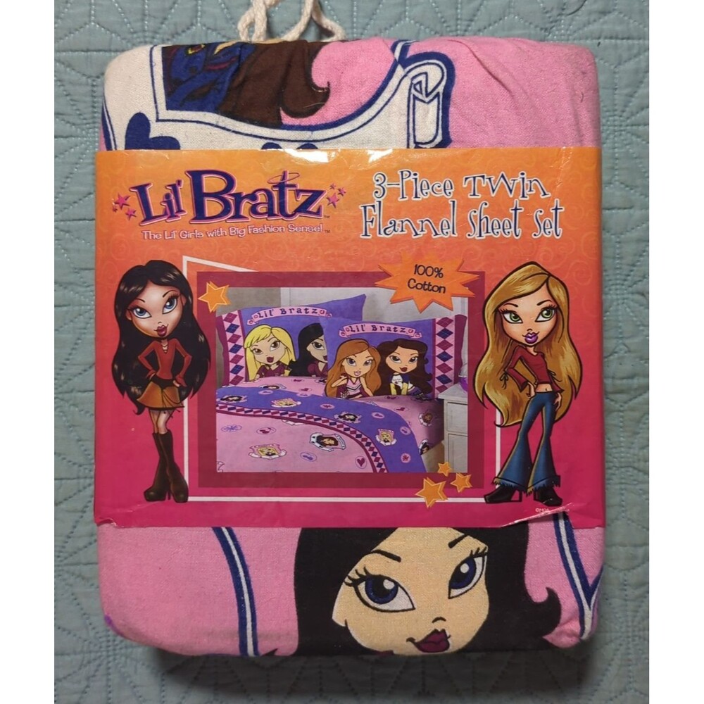 Vtg Y2K Lil Brats Wild Ride 3-Piece Flannel Sheet Set NIP Drawstring Bag Pink